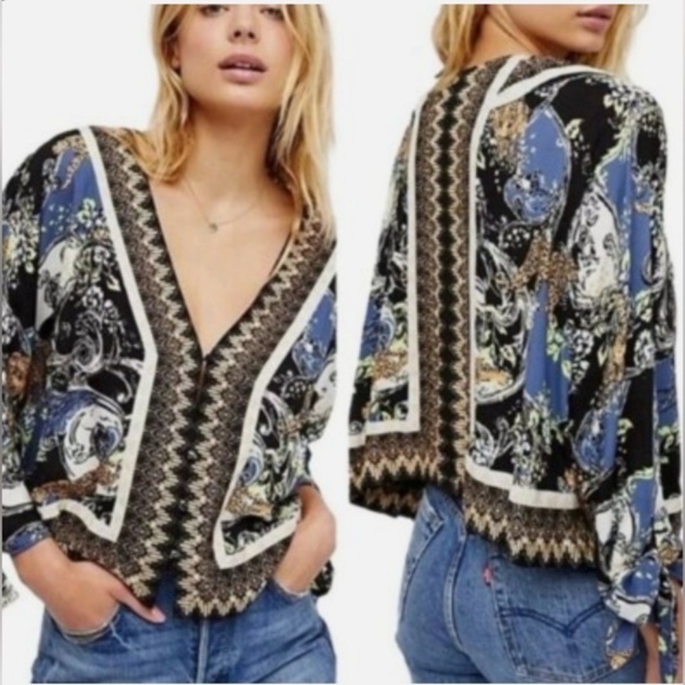 Free people catch me if you can Boho Blue and Black Patterned Top size medium